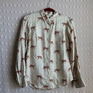 J. Crew Women’s 100% Silk Tiger Geometric Print Button Down Long Sleeve‎ Sz 2